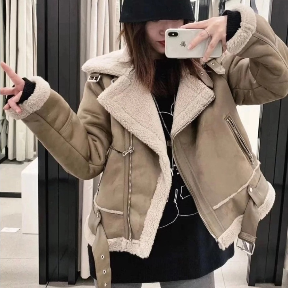 Zara faux suede tan borg Sherpa lined jacket coat size small